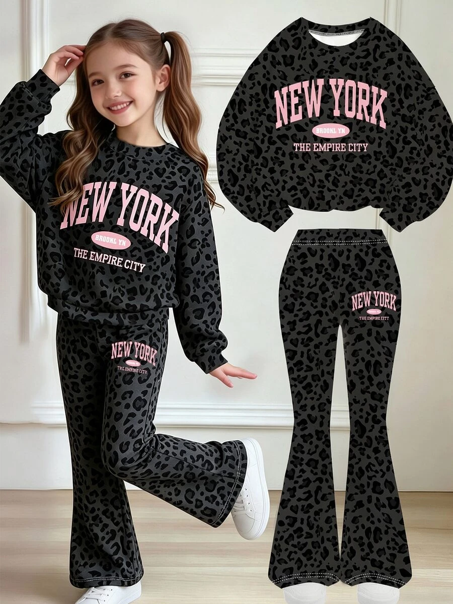 Toddler Girls Leopard Print Letter Sweatshirt & Flare Pants Set, Black Pink Cozy Casual Outfit, Fall Winter, 2 Pieces - Multicolor - View 1