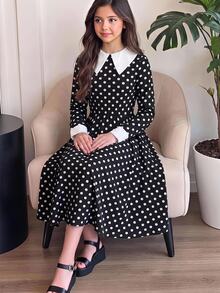 SHEIN 青少年女孩冬季黑色長袖優雅休閒可愛洋裝，萬聖節派對穿搭 - 黑與白 - 查看 8