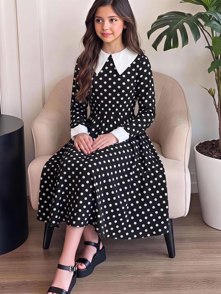 SHEIN Teen Girls Teen Girl Winter Black Long Sleeve Elegant Casual Cute Dress Halloween Party - Black and White - View 8