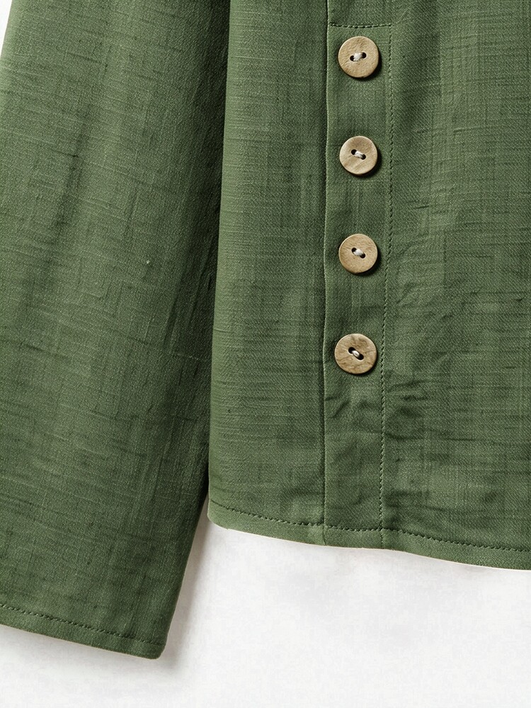 SHEIN LUNE Women's Round Neck Pullover Apricot Color Wooden Button Decor Hem Long Sleeve Casual Top Spring Autumn Linen Vacation Commute - Army Green - View 7