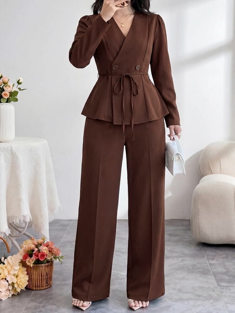 Feyla Plus Size Women's Solid Color Long Sleeve Double-Breasted Shirt And Pants Elegant Two Pieces Set - Coffee Brown - View 6