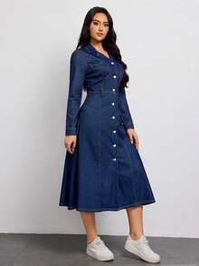 Flexra Plus Size Women's Casual Elegant Stretch Denim Dress - Dark Wash - View 6