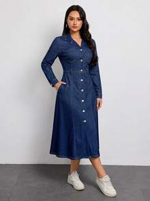 Flexra Plus Size Women's Casual Elegant Stretch Denim Dress - Dark Wash - View 5