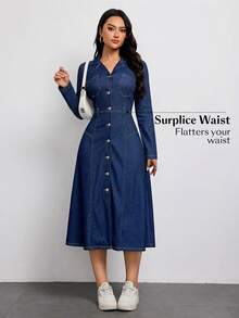 Flexra Plus Size Women's Casual Elegant Stretch Denim Dress - Dark Wash - View 7