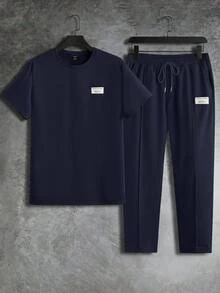 GETOML 男士春夏休闲纯色贴布细节短袖 T 恤和长裤 2 件套，舒适服装 - 藏蓝色 - 查看 3