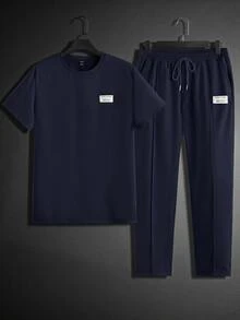 GETOML 男士春夏休闲纯色贴布细节短袖 T 恤和长裤 2 件套，舒适服装 - 藏蓝色 - 查看 1