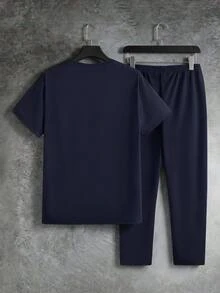 GETOML 男士春夏休闲纯色贴布细节短袖 T 恤和长裤 2 件套，舒适服装 - 藏蓝色 - 查看 4