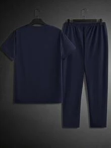 GETOML 男士春夏休闲纯色贴布细节短袖 T 恤和长裤 2 件套，舒适服装 - 藏蓝色 - 查看 2