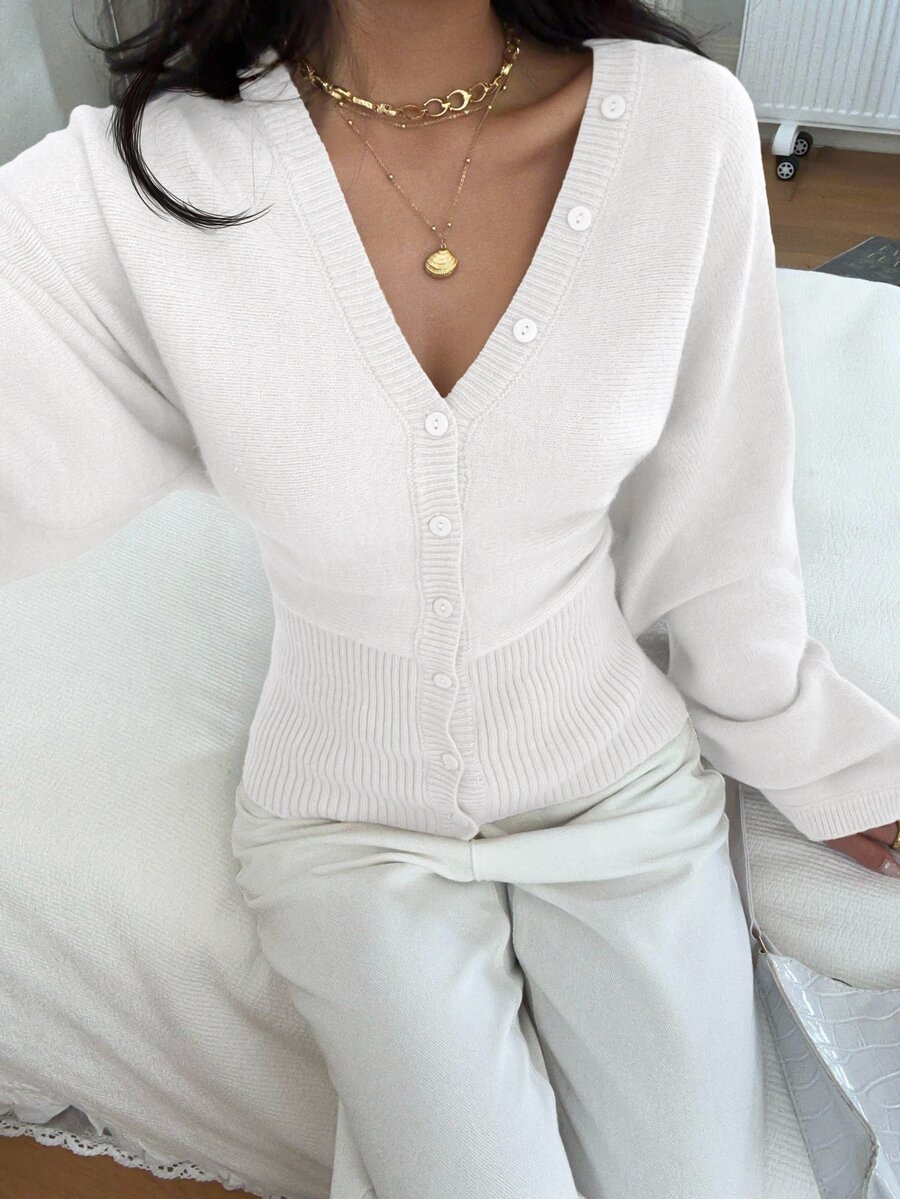 Siren Gaze Women's Solid Color Button-Up Fitted Waist Knit Cardigan, Open Front, Casual, Daily Wear, Autumn/Winter - White - View 1