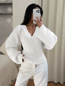 Siren Gaze Women's Solid Color Button-Up Fitted Waist Knit Cardigan, Open Front, Casual, Daily Wear, Autumn/Winter - White - View 3