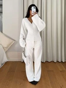 Siren Gaze Women's Solid Color Button-Up Fitted Waist Knit Cardigan, Open Front, Casual, Daily Wear, Autumn/Winter - White - View 5