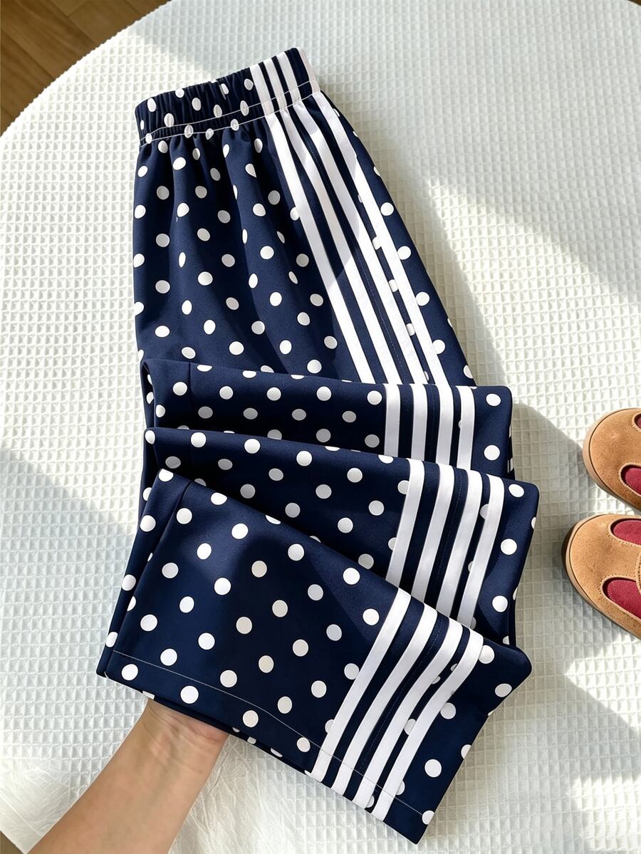 SHEIN Sparklyn 青少年女孩休閒返校日常彈性腰純色寬腿直筒長褲 - 藏蓝色 - 查看 1