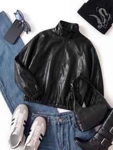 Comfortcana Plus Size Women's Solid Color PU Leather Long Sleeve Zipper Front Jacket - Black - View 3