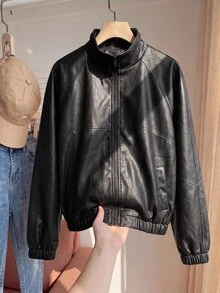 Comfortcana Plus Size Women's Solid Color PU Leather Long Sleeve Zipper Front Jacket - Black - View 4