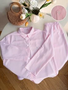 Muchica Setelan 2 Potong Kemeja & Celana Kasual Warna Pink Muda Ukuran Plus untuk Wanita, Musim Gugur/Dingin - Baby Pink - View 6