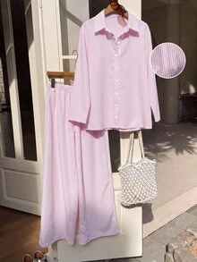 Muchica Setelan 2 Potong Kemeja & Celana Kasual Warna Pink Muda Ukuran Plus untuk Wanita, Musim Gugur/Dingin - Baby Pink - View 3