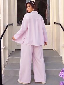 Muchica Setelan 2 Potong Kemeja & Celana Kasual Warna Pink Muda Ukuran Plus untuk Wanita, Musim Gugur/Dingin - Baby Pink - View 2
