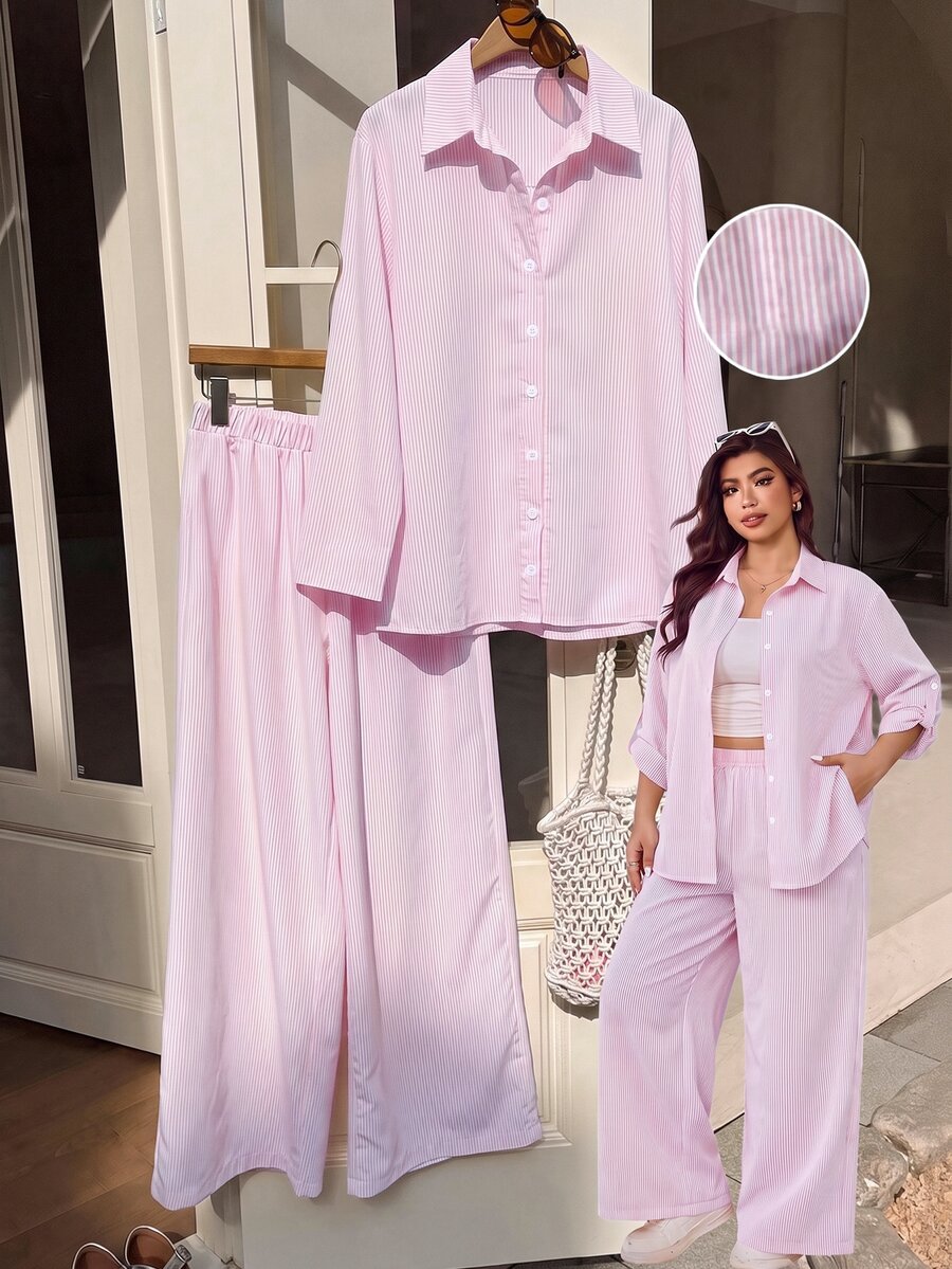 Muchica Setelan 2 Potong Kemeja & Celana Kasual Warna Pink Muda Ukuran Plus untuk Wanita, Musim Gugur/Dingin - Baby Pink - View 1