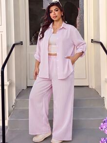 Muchica Setelan 2 Potong Kemeja & Celana Kasual Warna Pink Muda Ukuran Plus untuk Wanita, Musim Gugur/Dingin - Baby Pink - View 4