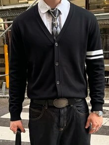 Manfinity Hypemode 男士拼色長袖休閒開襟衫，適合通勤與日常穿著，深色辦公工作風，秋季舒適日常外出款，中性秋冬款 - 黑色 - 查看 3