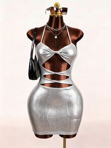 Mistrie Women's Solid Color Hollow Pleated Sexy Date Mini Halter Neck Dress - Silver - View 5