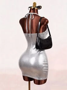 Mistrie Women's Solid Color Hollow Pleated Sexy Date Mini Halter Neck Dress - Silver - View 3