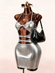 Mistrie Women's Solid Color Hollow Pleated Sexy Date Mini Halter Neck Dress - Silver - View 4