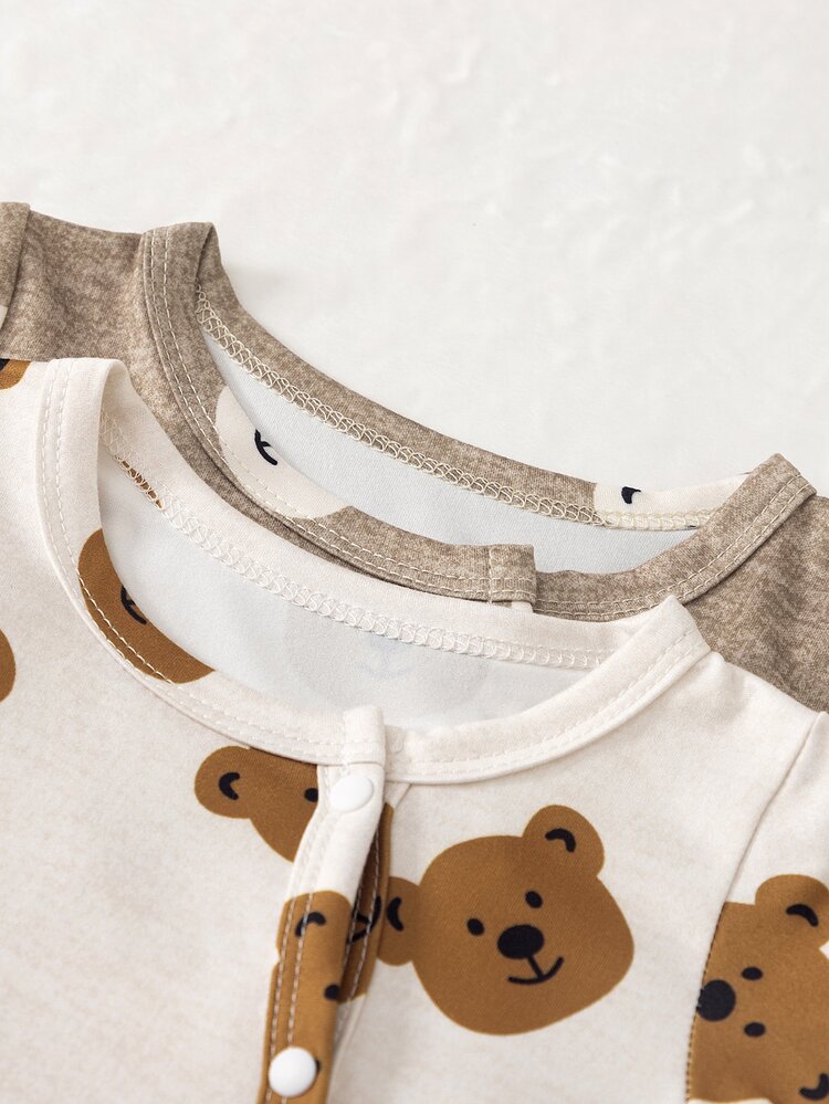SHEIN Bộ 2 món romper liền chân cho bé sơ sinh trai và gái, màu trắng, họa tiết gấu nâu dễ thương ngọt ngào, kèm mũ tai, cài nút, tay dài, cổ tròn, trang phục đi chơi sinh nhật và chạy bộ phong cách mùa thu - Nhiều màu - Xem 5