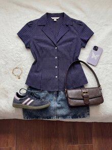 Comfortcana 大码女式夏季休闲/办公通勤格纹印花翻领花瓣袖修身衬衫 - 藍色 - 查看 5
