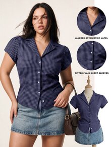 Comfortcana 大码女式夏季休闲/办公通勤格纹印花翻领花瓣袖修身衬衫 - 藍色 - 查看 3