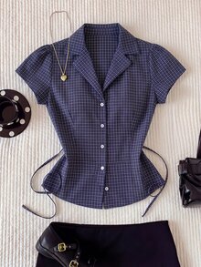 Comfortcana 大码女式夏季休闲/办公通勤格纹印花翻领花瓣袖修身衬衫 - 藍色 - 查看 4