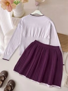 SHEIN 夢幻公主風 青少女淺紫色與深紫色毛衣蝴蝶結荷葉邊圓領長袖套頭上衣裙組 精緻菱格紋與蝴蝶結吸睛 春季/秋季 秋冬校園穿搭 - 紫色 - 查看 6