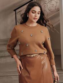 Anewsta Atasan Rajut Polos Ukuran Besar Wanita Elegan, Leher Bulat, Ringan, Mewah, Dekorasi Rhinestone, Lengan 3/4 - Unta - View 7
