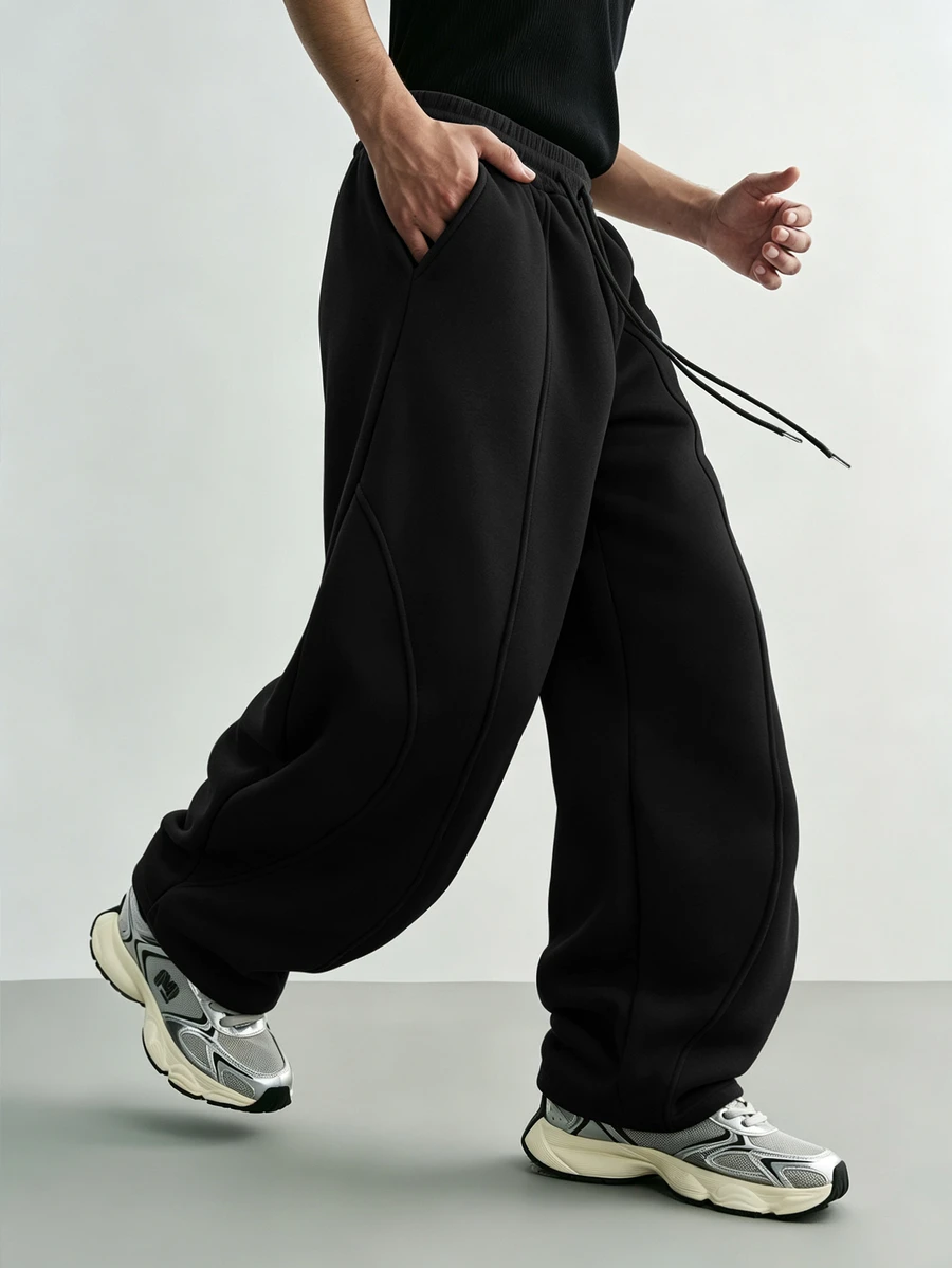 Sonviro 男士休闲日常通勤简约纯色抽绳腰斜口袋香蕉运动裤 - 黑色 - 查看 1