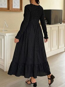 DAZY Polka Dot Cinched Waist Umbrella Skirt Long Sleeve Casual Vacation Daily Spring Autumn Maternity Dress - Black - View 2