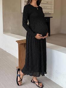 DAZY Polka Dot Cinched Waist Umbrella Skirt Long Sleeve Casual Vacation Daily Spring Autumn Maternity Dress - Black - View 4