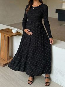 DAZY Polka Dot Cinched Waist Umbrella Skirt Long Sleeve Casual Vacation Daily Spring Autumn Maternity Dress - Black - View 7