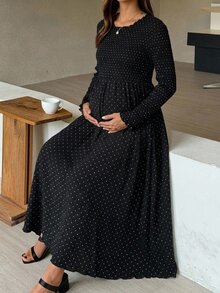 DAZY Polka Dot Cinched Waist Umbrella Skirt Long Sleeve Casual Vacation Daily Spring Autumn Maternity Dress - Black - View 1