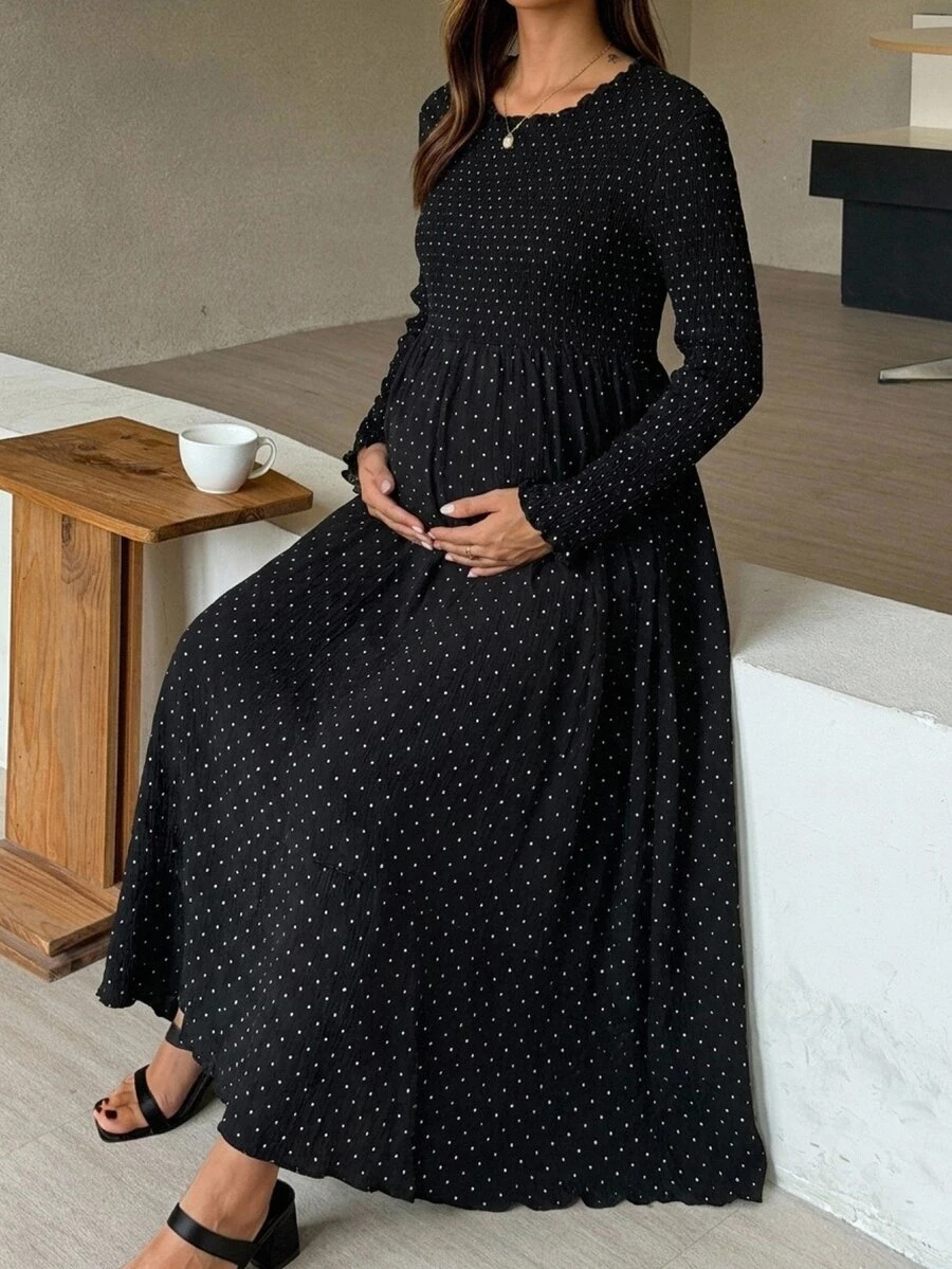DAZY Polka Dot Cinched Waist Umbrella Skirt Long Sleeve Casual Vacation Daily Spring Autumn Maternity Dress - Black - View 1