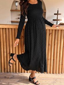DAZY Polka Dot Cinched Waist Umbrella Skirt Long Sleeve Casual Vacation Daily Spring Autumn Maternity Dress - Black - View 3