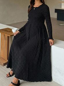 DAZY Polka Dot Cinched Waist Umbrella Skirt Long Sleeve Casual Vacation Daily Spring Autumn Maternity Dress - Black - View 6