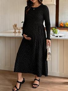 DAZY Polka Dot Cinched Waist Umbrella Skirt Long Sleeve Casual Vacation Daily Spring Autumn Maternity Dress - Black - View 5
