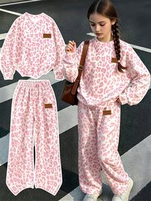 Tween Girls Leopard Print Sweatshirt & Wide Leg Pants Set, Pink Relaxed Fit Sweet Style (1 Set) Fall Winter - Multicolor - View 3