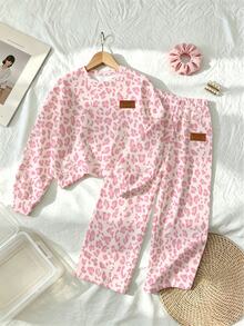 Tween Girls Leopard Print Sweatshirt & Wide Leg Pants Set, Pink Relaxed Fit Sweet Style (1 Set) Fall Winter - Multicolor - View 5