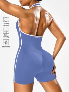 Solea Cove Solea Cove Women's Seamless Solid Color Halter Neck Backless Sports Romper - Wander Blue - View 6