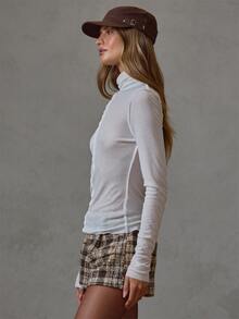 MUSERA Semi Sheer Contrast Hems Fitted High Neck Tshirt Fall Winter Everyday Causal Back To School Forces - Beige - View 4