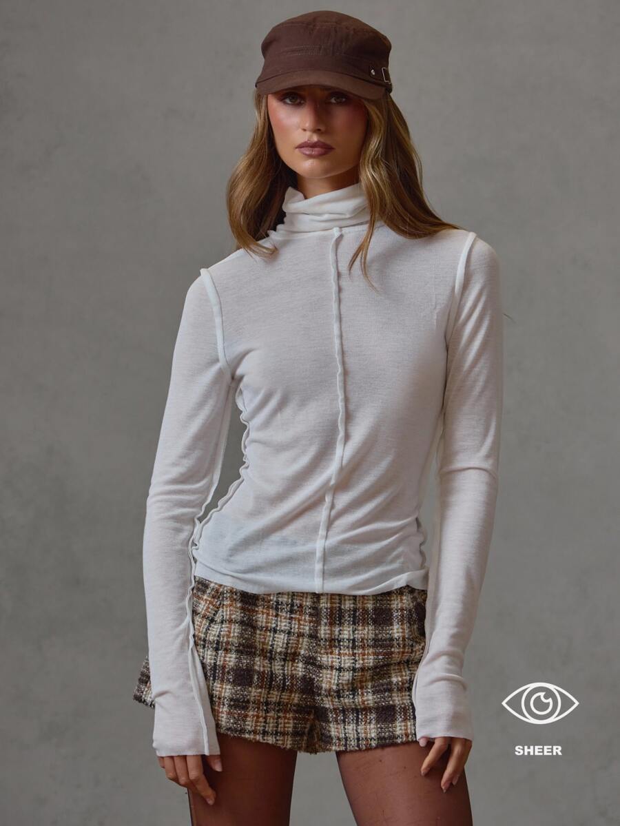 MUSERA Semi Sheer Contrast Hems Fitted High Neck Tshirt Fall Winter Everyday Causal Back To School Forces - Beige - View 1