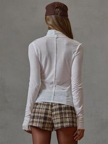 MUSERA Semi Sheer Contrast Hems Fitted High Neck Tshirt Fall Winter Everyday Causal Back To School Forces - Beige - View 3