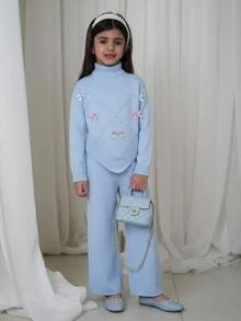 SHEIN 青少年女孩高領不對稱下擺長袖蝴蝶結裝飾上衣與直筒長褲套裝，藍色，秋冬款 - 藍色 - 查看 7