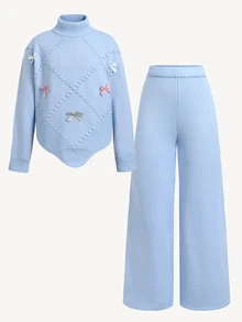 SHEIN 青少年女孩高領不對稱下擺長袖蝴蝶結裝飾上衣與直筒長褲套裝，藍色，秋冬款 - 藍色 - 查看 5